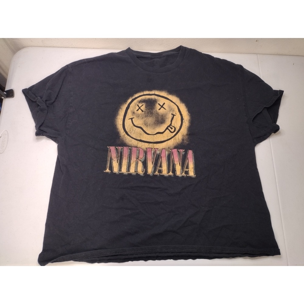 Nirvana Smiley Face Graphic T-Shirt Black Bleach Effect Band Tee Mens XL